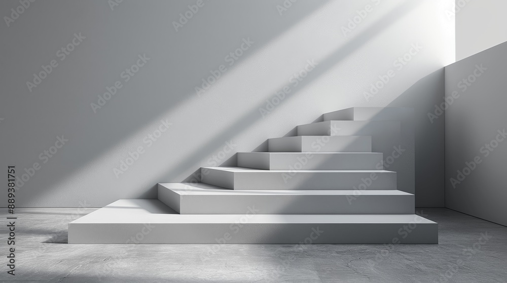 ascending steps against a silver-gray background. 