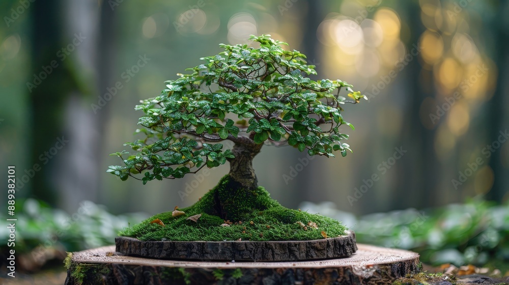 Sturdy oak bonsai tree with vibrant green leaves in a rustic forest setting Sturdy oak bonsai tree with vibrant green leaves in a rustic forest setting