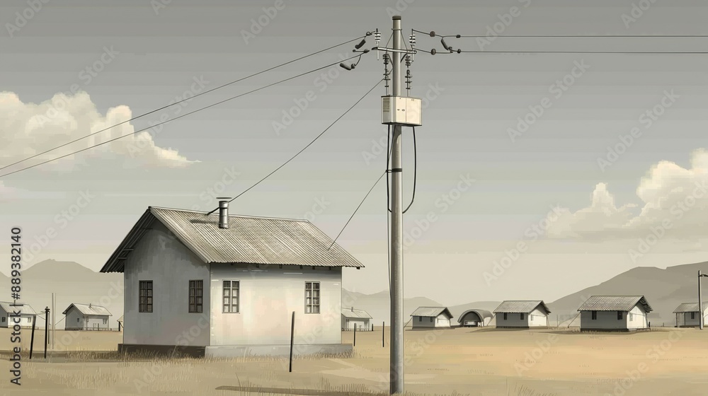 Energetic illustration of a renewable energy microgrid powering a rural village, illustrating resilience in energy access and climate adaptation. Height Resolution Photo, , Minimalism, Energetic illustration of a renewable energy microgrid powering a rural village, illustrating resilience in energy access and climate adaptation. Height Resolution Photo, , Minimalism,