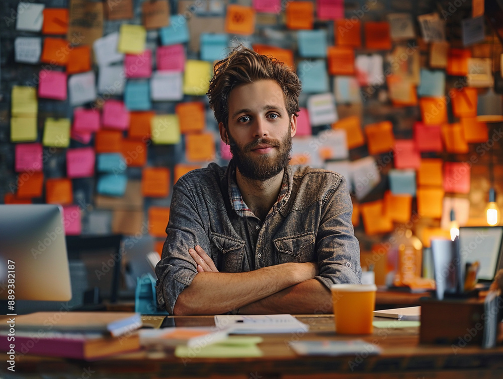 Young Man Working at a Desk With Post-It Notes in a Creative Office Space