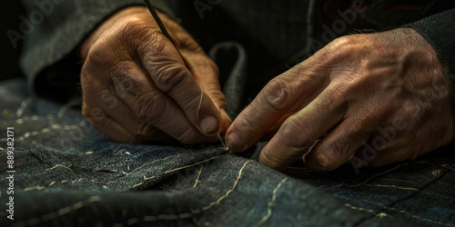 Close-up of a tailor’s hands sewing a bespoke suit, demonstrating meticulous attention to detail