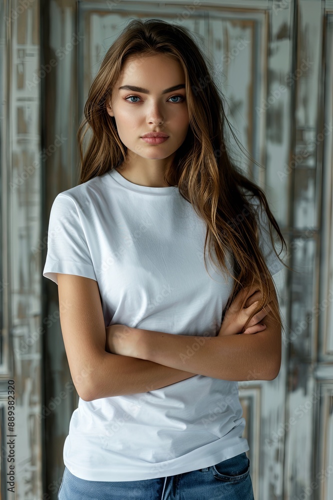 White tshirt mockup on woman model created with Generative AI White tshirt mockup on woman model created with Generative AI