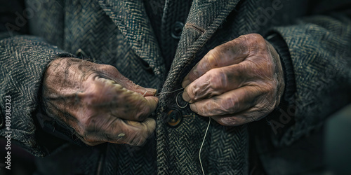 Close-up of a tailor’s hands sewing a bespoke suit, demonstrating meticulous attention to detail