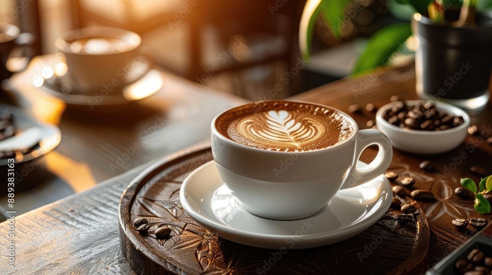 A beautifully crafted latte with latte art on a wooden tray, surrounded by coffee beans, in a cozy coffee shop setting. A beautifully crafted latte with latte art on a wooden tray, surrounded by coffee beans, in a cozy coffee shop setting.