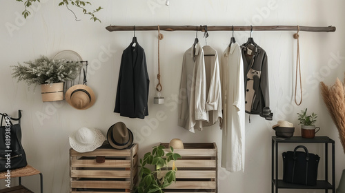 Modern boho style studio apartment with rustic hanging wooden boxes and lush plants against a white wall background, designed for displaying fashionable women's outfits in natural light, showcasing ho