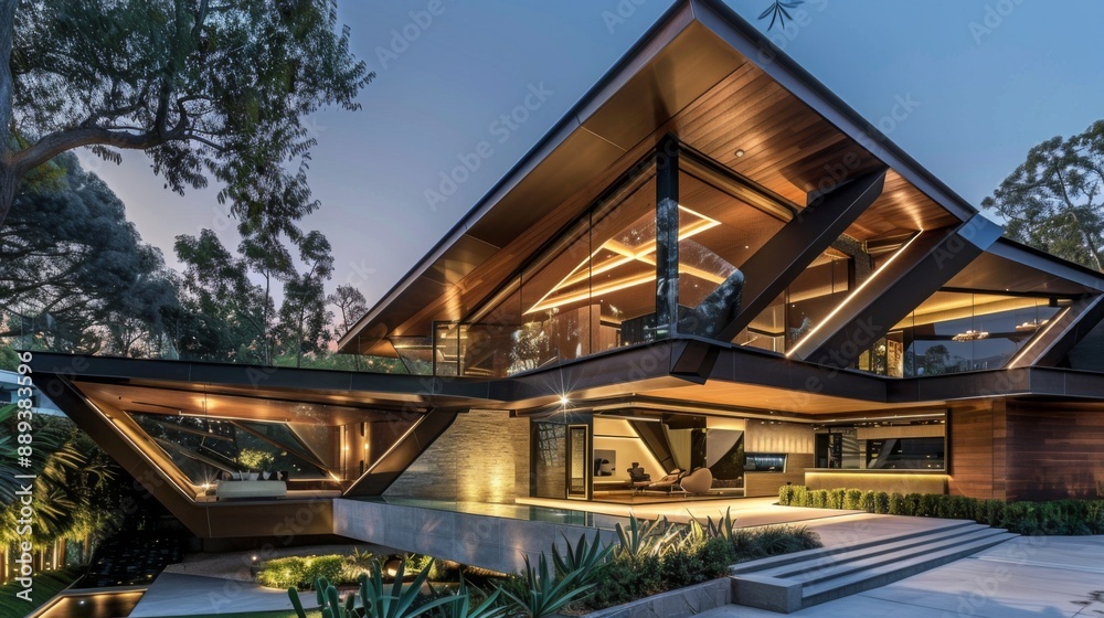 An epitome of modern luxury and geometric design, this house showcases a harmony of wood and glass materials An epitome of modern luxury and geometric design, this house showcases a harmony of wood and glass materials