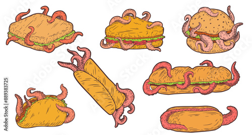 Hand drawn sandwich, hamburger, kebab, hot dog, taco with octopus tentacles. Set vector art fast food in sketch style. Creative illustration for print, tattoo.