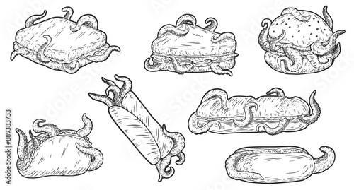 Hand drawn sandwich, hamburger, kebab, hot dog, taco with octopus tentacles. Set vector art fast food in sketch style. Creative illustration for print, tattoo.