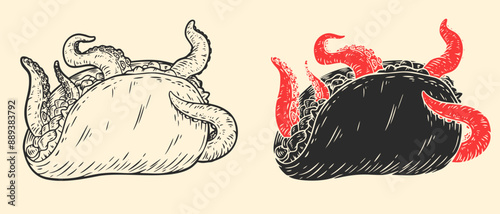 Taco with octopus tentacles. Hand drawn vector art in sketch style. Creative illustration for print, tattoo.