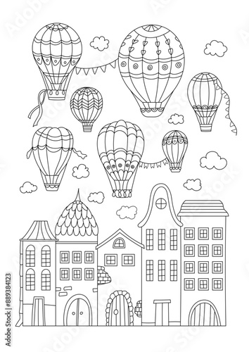 Coloring Page For Adults And Children Features Hot Air Balloons Over City, Providing Stress Relief