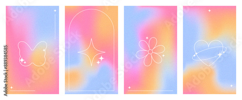 Collection of y2k grain texture backgrounds. Holographic blur aura gradient 2000s posters. Aesthetic templates, wallpaper, covers with flower, heart, star, butterfly design elements. Vector  