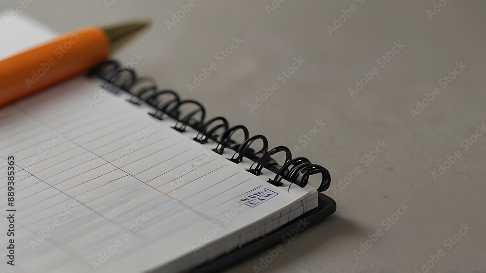 Fototapeta premium An open notebook with a pen resting on it, placed on a light grey background to keep the focus on the stationery