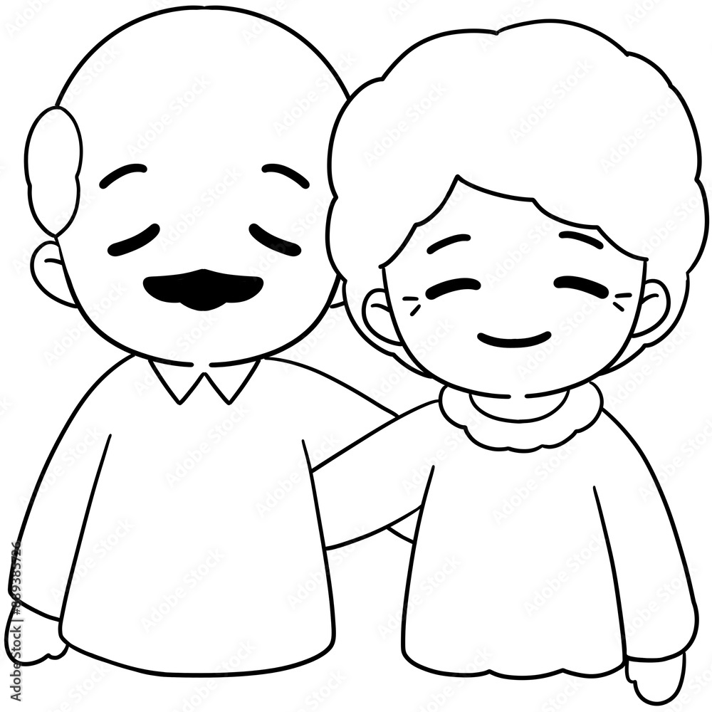 Senior older couple side hug line art illustration hand drawn black outline