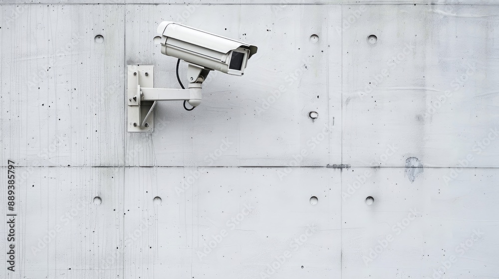A modern security camera on a plain white wall for safety surveillance in industrial and public areas A modern security camera on a plain white wall for safety surveillance in industrial and public areas