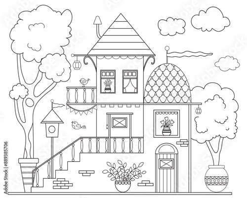 Anti-Stress Coloring Page With A Cute House For Children And Adults Features Numerous Details