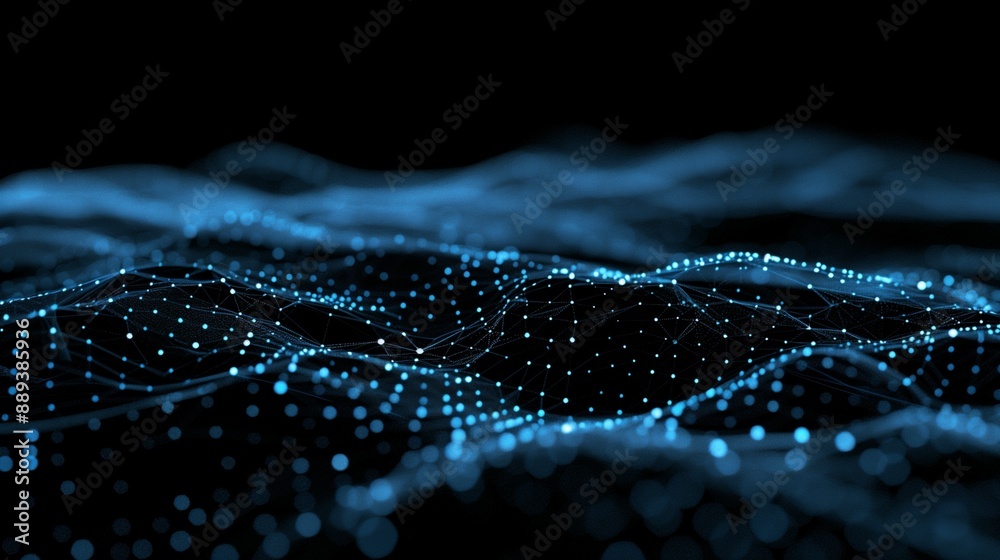 Blue data points and network connections on a black background.