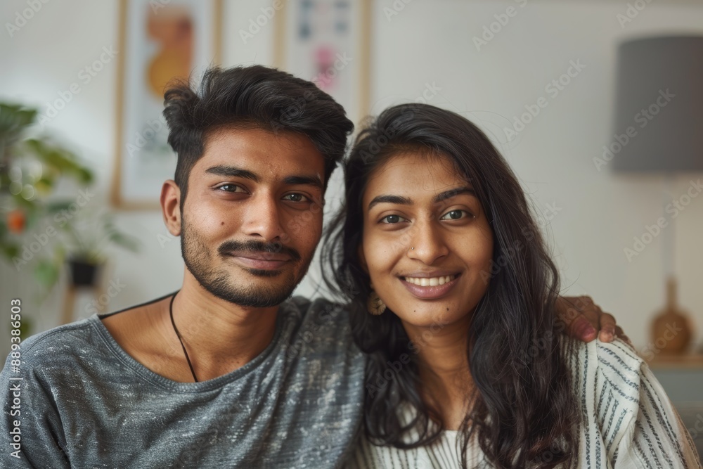 Portrait of a content indian couple in their 20s sporting a breathable hiking shirt isolated in scandinavian-style interior background