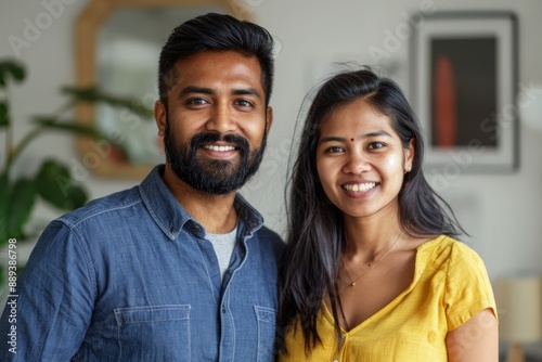 Portrait of a content indian couple in their 20s sporting a breathable hiking shirt while standing against scandinavian-style interior background