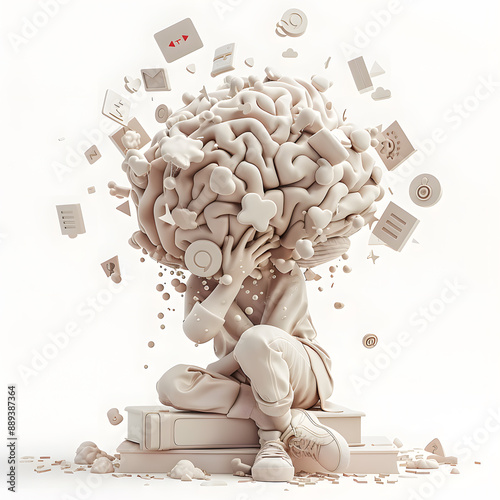 Social media addiction, with a 3D rendering head bursting open from the pressure of excessive information.information illustrated by brain exploding .