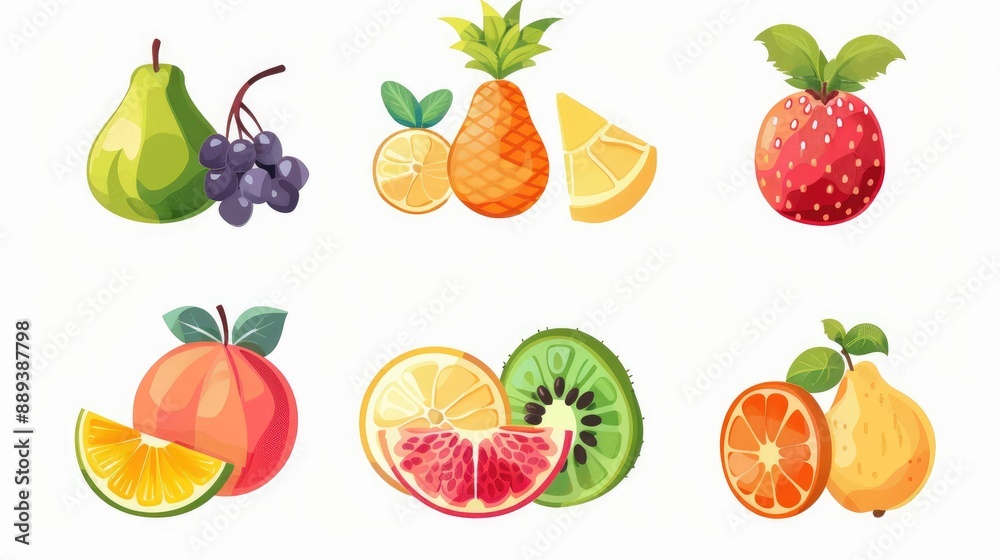 Set of 9 cartoon fruit icons, modern and stylized, arranged symmetrically on a white background Set of 9 cartoon fruit icons, modern and stylized, arranged symmetrically on a white background