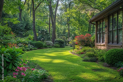 Beautiful backyard garden in North Carolina with green grass, trees, and flowers, featuring a large path leading to the house through lush landscaping, captured from an angle showing part of the home.