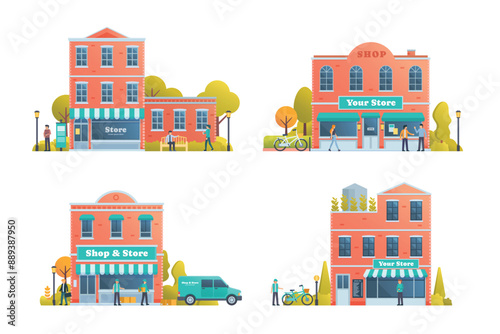 Shop and store building collection, vector illustration premium detail flat style isolated on white, front view.