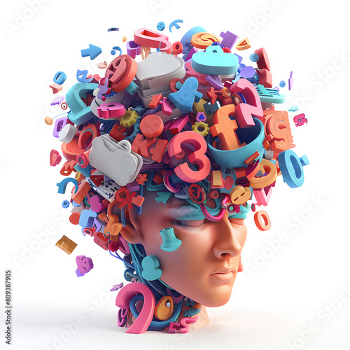 Social media addiction, with a 3D rendering head bursting open from the pressure of excessive information.information illustrated by brain exploding .