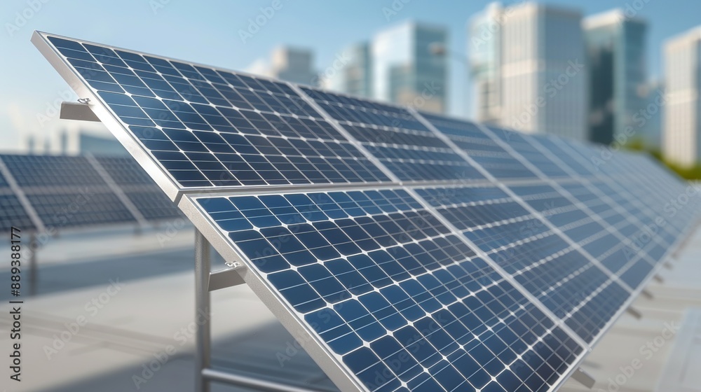 Fototapeta premium Visualize the harmony between solar power technology and urban environments on Micro Stock. Height Resolution Photo, , Minimalism,