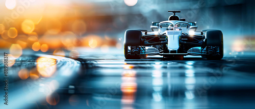 High-speed race car on a wet track at sunset, showcasing motion blur and dramatic lighting effects. Ideal for motorsport and racing themes. photo