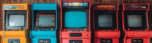 Three retro arcade machines against a brick wall