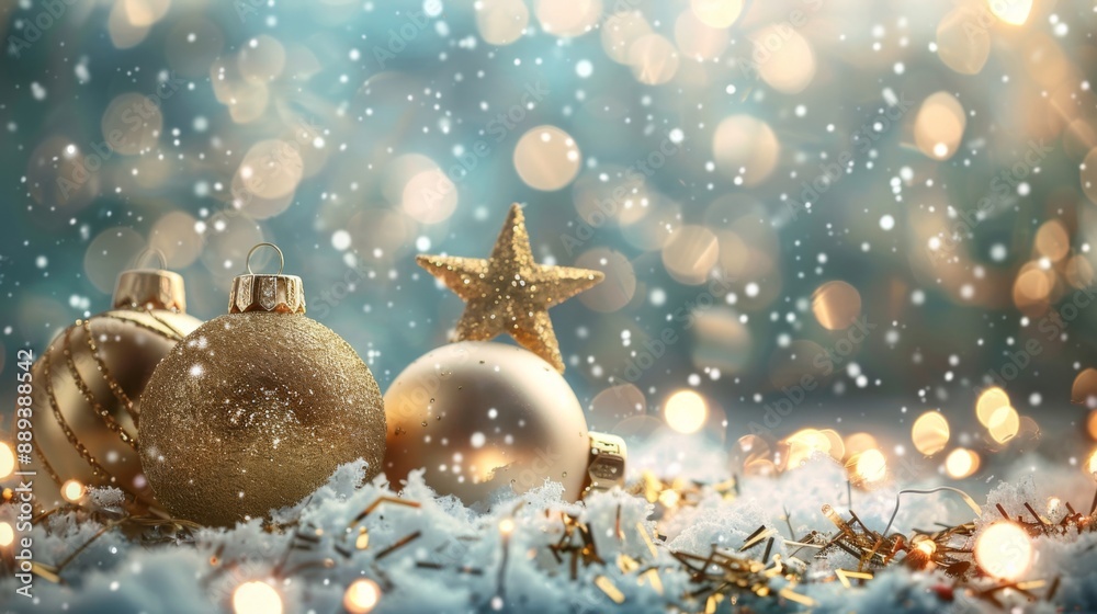 Christmas background with golden star. New Year's decor. Christmas balls in smowdrifts and golden bokeh lights, with copy space