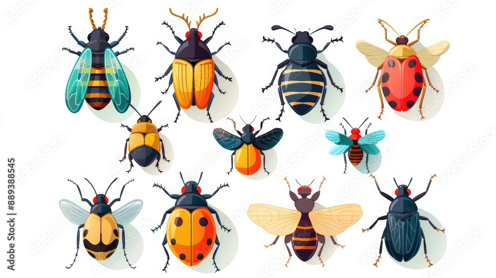 Set of 9 cartoon insect icons, modern and symmetrically arranged on white background