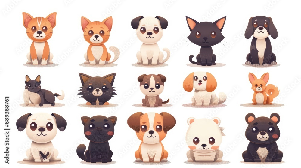 Set of 9 cartoon pet icons, modern and symmetrically arranged on white background Set of 9 cartoon pet icons, modern and symmetrically arranged on white background