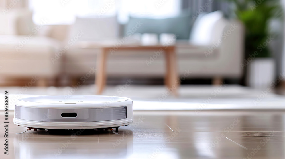 Robotic vacuum cleaner on hardwood floor in a modern living room, efficient home cleaning solution for automated floor cleaning and maintenance. Robotic vacuum cleaner on hardwood floor in a modern living room, efficient home cleaning solution for automated floor cleaning and maintenance.