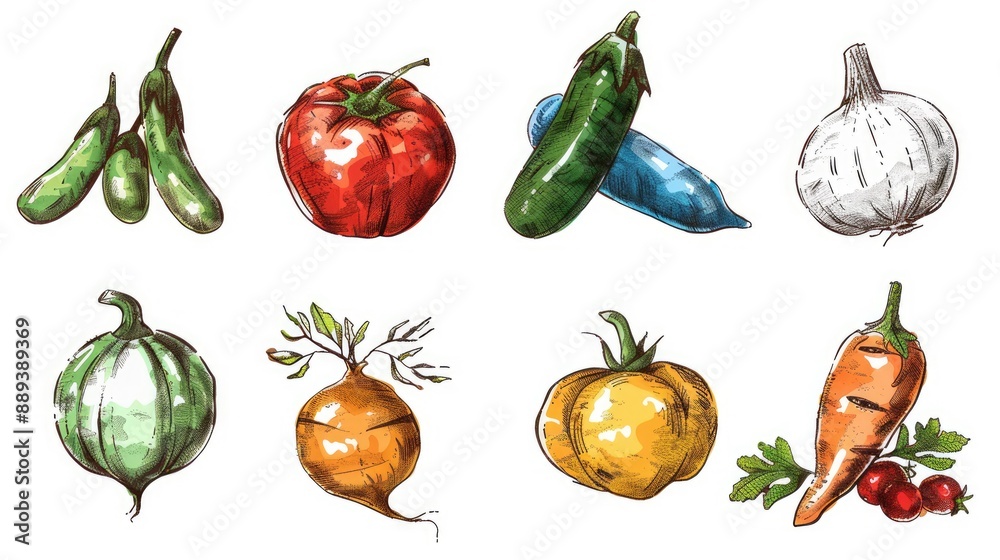 Set of 9 modern and stylized vegetable sketch icons, arranged symmetrically on a white background