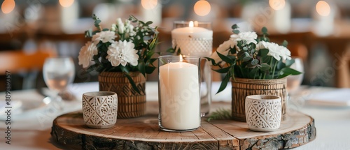 Rustic wedding centerpiece with candles and white flowers on wooden slice.