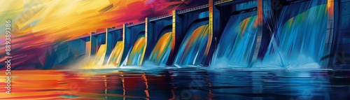 Psychedelic Energy Flow: Abstract Hydroelectric Dam in Vibrant Colors photo