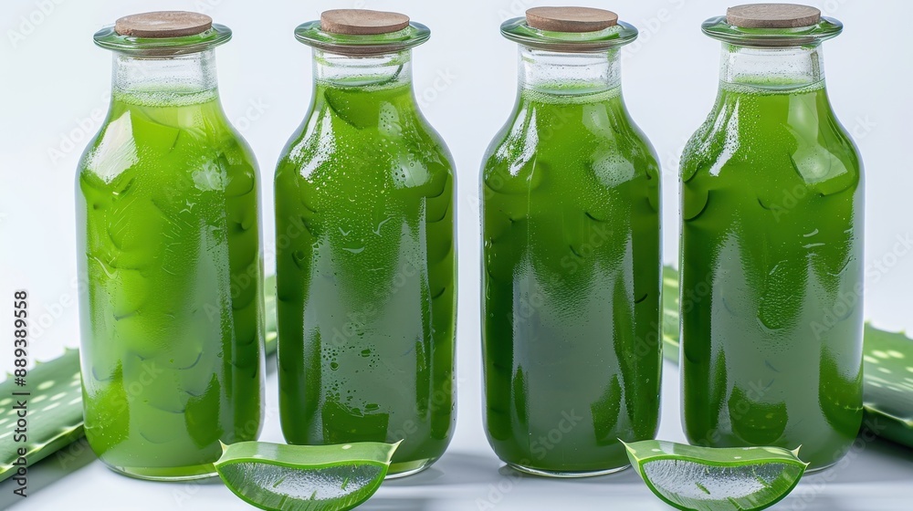 Three bottles of green liquid with green lids Three bottles of green liquid with green lids