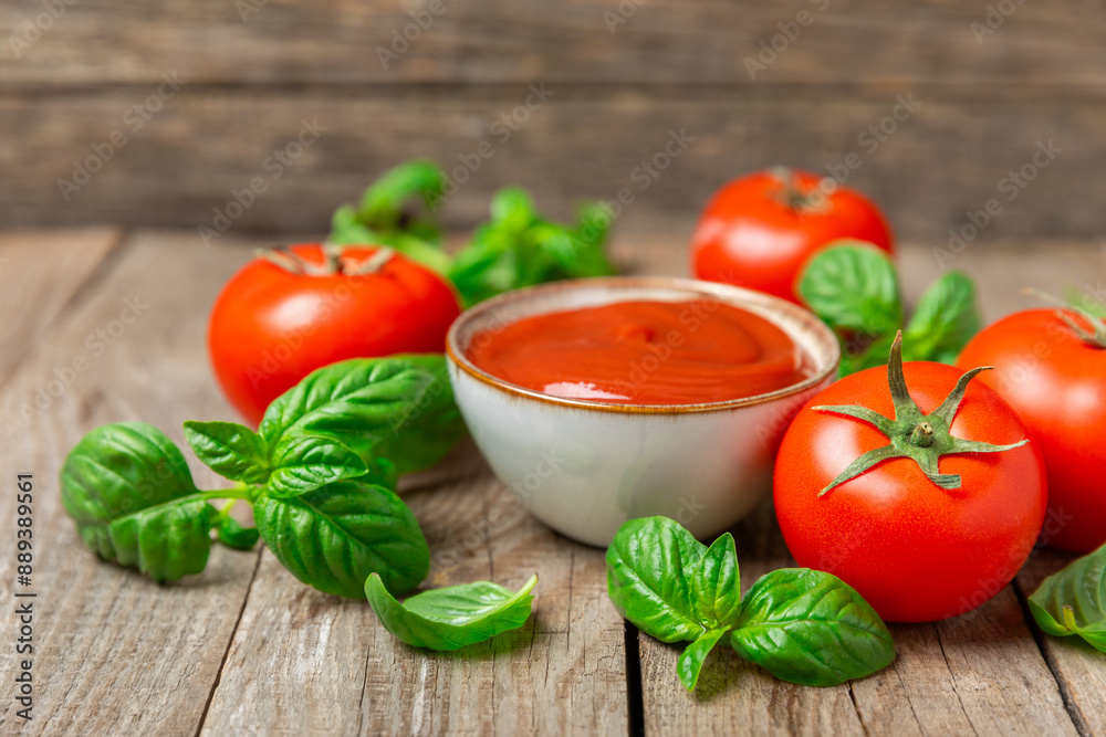 Tomato paste, sauce, ketchup in a bowl and cherry tomatoes with fresh basil leaves on a textured wooden background. Vitamins and detox diet. Vegetable and vegetarian food. Space for text. Copy space. Tomato paste, sauce, ketchup in a bowl and cherry tomatoes with fresh basil leaves on a textured wooden background. Vitamins and detox diet. Vegetable and vegetarian food. Space for text. Copy space.
