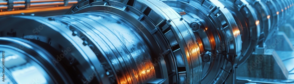 Precision in Motion: Detailed Illustration of Hydroelectric Dam Turbines in Industrial Metallic Colors