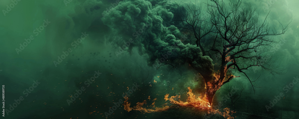 A burning tree with intense flames and dark smoke, set against a green background, highlighting the dramatic and catastrophic scene. A burning tree with intense flames and dark smoke, set against a green background, highlighting the dramatic and catastrophic scene.