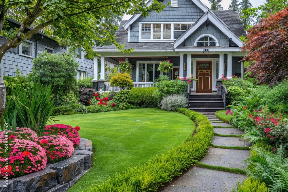Beautiful front yard of classic New England home with ornamental grass, green hedges, and wooden porch. Beautiful front yard of classic New England home with ornamental grass, green hedges, and wooden porch.