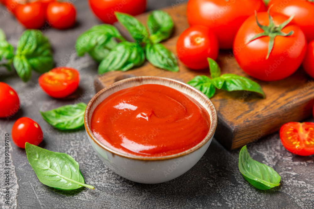 Tomato paste, sauce, ketchup in a bowl and cherry tomatoes with fresh basil leaves on a textured wooden background. Vitamins and detox diet. Vegetable and vegetarian food. Space for text. Copy space. Tomato paste, sauce, ketchup in a bowl and cherry tomatoes with fresh basil leaves on a textured wooden background. Vitamins and detox diet. Vegetable and vegetarian food. Space for text. Copy space.