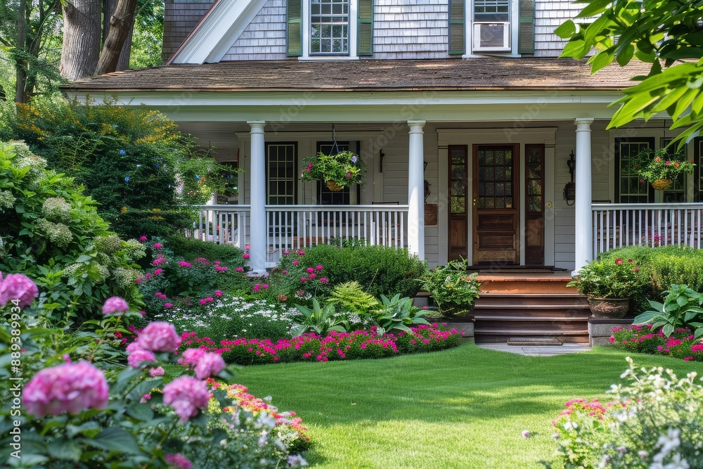 Obraz premium Beautiful front yard of classic New England home with ornamental grass, green hedges, and wooden porch.