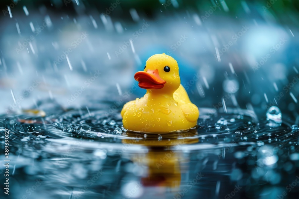 A yellow rubber duck floats serenely in a puddle, the rain cascading around it, creating a mesmerizing scene of nature's playful dance. A yellow rubber duck floats serenely in a puddle, the rain cascading around it, creating a mesmerizing scene of nature's playful dance.