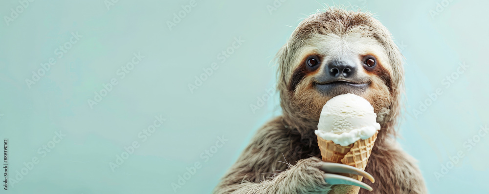 A charming sloth holding a coconut ice cream cone, hanging against a pale blue backdrop. The sloth's fur is shaggy, and the ice cream looks creamy.