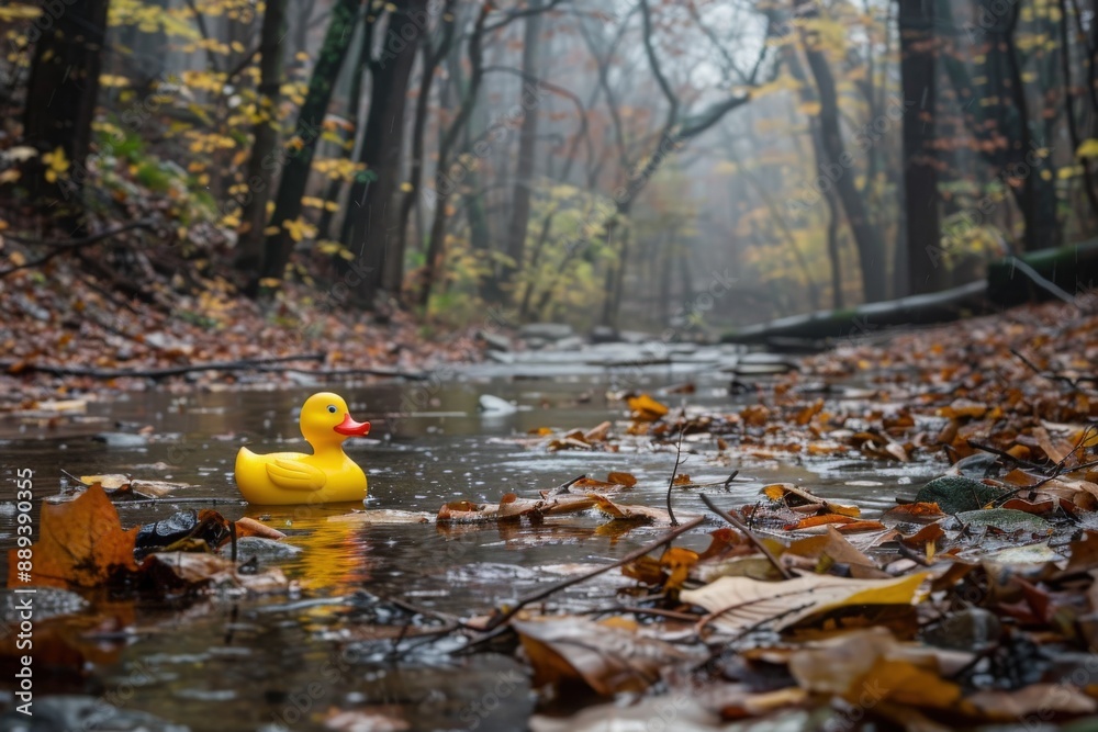 Obraz premium A yellow rubber duck floats serenely down a misty stream, surrounded by fallen leaves in an autumnal forest.