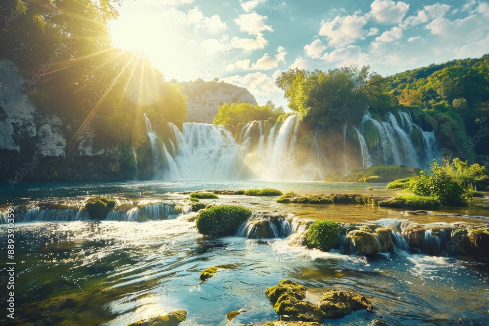 This is an amazing outdoor travel background, featuring an amazing nature landscape, a beautiful waterfall at sunrise, the famous Skradinski buk waterfall, which is one of the most beautiful This is an amazing outdoor travel background, featuring an amazing nature landscape, a beautiful waterfall at sunrise, the famous Skradinski buk waterfall, which is one of the most beautiful