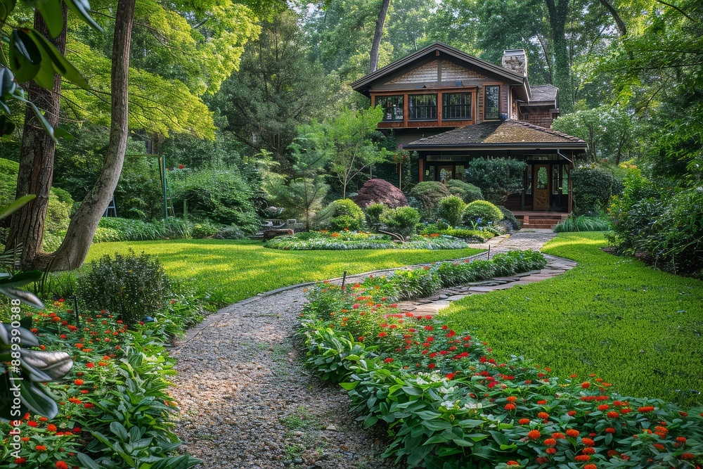Beautiful large garden in North Carolina woods with lush grass, ornamental trees and shrubs, inviting walkway to a home, ideal for landscaping marketing. Beautiful large garden in North Carolina woods with lush grass, ornamental trees and shrubs, inviting walkway to a home, ideal for landscaping marketing.