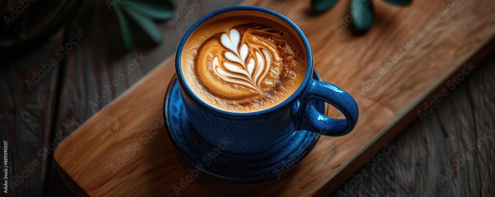 A beautifully crafted cup of coffee with latte art in a blue mug on a wooden tray, perfect for any coffee lover or cafe ambiance. A beautifully crafted cup of coffee with latte art in a blue mug on a wooden tray, perfect for any coffee lover or cafe ambiance.